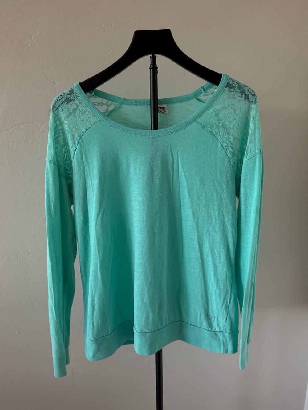Y2K PINK Women's Turquoise Solid Scoop Neck Long Sleeve Lace Knit Top L